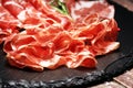 Italian sliced cured coppa with spices. Raw ham. Crudo or jamon with rosemary Royalty Free Stock Photo
