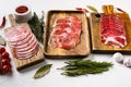 Italian sliced cured sausage , on white stone table background Royalty Free Stock Photo