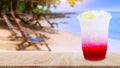 Italian soda made from fruit syrup drink mix in plastic cup on wooden table. Lemon, Red cocktail summer refreshment drink, Summer Royalty Free Stock Photo