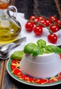 Italian soft cheese, young white ricotta cheese served with fresh basil and tasty ripe cherry tomatoes Royalty Free Stock Photo