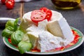 Italian soft cheese, young white ricotta cheese served with fresh basil and tasty ripe cherry tomatoes Royalty Free Stock Photo