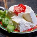 Italian soft cheese, young white ricotta cheese served with fresh basil and tasty ripe cherry tomatoes Royalty Free Stock Photo