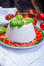 Italian soft cheese, young white ricotta cheese served with fresh basil and tasty ripe cherry tomatoes Royalty Free Stock Photo