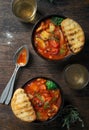 Italian soup minestrone with vegetables on wooden table with win Royalty Free Stock Photo