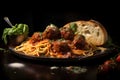 Italian spagetti and meatballs, garlic bread, Generated AI Royalty Free Stock Photo