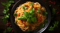 Italian spaghetti with basil garnish and herbs on black wooden board background Royalty Free Stock Photo