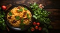 Italian spaghetti with basil garnish and herbs on black wooden board background Royalty Free Stock Photo
