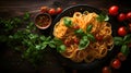 Italian spaghetti with basil garnish and herbs on black wooden board background Royalty Free Stock Photo