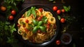 Italian spaghetti with basil garnish and herbs on black wooden board background Royalty Free Stock Photo