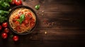 Italian spaghetti with basil, tomatoes and herbs on wooden board background, text copy space, top down view Royalty Free Stock Photo