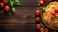 Italian spaghetti with basil, tomatoes and herbs on wooden board background, Plate of delicious Italian pasta on rustic wood table Royalty Free Stock Photo