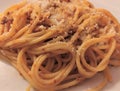 Spaghetti bolognese with cheese, close-up, background. Royalty Free Stock Photo