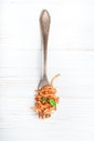 Italian spaghetti with a bolognese tomato meat sauce and basil in a plate. Royalty Free Stock Photo