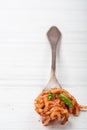 Italian spaghetti with a bolognese tomato meat sauce and basil in a plate. Royalty Free Stock Photo