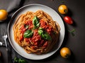 Italian spaghetti in close-up with natural lighting and a dark background.