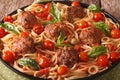 Italian spaghetti with meatballs, olives, basil and tomato sauce Royalty Free Stock Photo