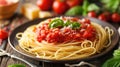 Italian Spaghetti Pasta with Tomato Sauce and Basil Royalty Free Stock Photo