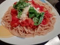 Italian spaghetti with ragu and fresh basil