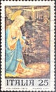 Italian stamp reproducing the painting `Virgin adoring the child` by Filippino Lippi