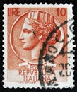 Italian stamp shows ancient coin of Syracuse, the series Syracusean Coin, circa 1968 Royalty Free Stock Photo