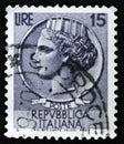 Italian stamp shows ancient coin of Syracuse, the series `Syracusean Coin`, circa 1968 Royalty Free Stock Photo