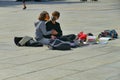 Italian students protest against the government`s choice to close schools by following remote lessons on the sidewalk