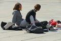 Italian students protest against the government`s choice to close schools by following remote lessons on the sidewalk