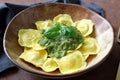 Italian stuffed pasta ravioli with pesto sauce, close-up view Royalty Free Stock Photo