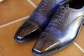 Blue goodyear welted leather mens wedding shos with a leather sole