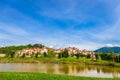 Italian style house on mountain with beautiful river and sky Royalty Free Stock Photo