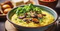 Italian-Style Polenta Corn Porridge with Cooked Pork Bacon, Accompanied by Mushrooms in a Bowl - A Close-Up Side View of Gourmet