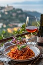 Italian-style spaghetti dish with tomato sauce and Parmesan cheese, with a bottle of wine and a glass, set against an Italian Royalty Free Stock Photo