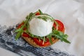 Italian style toast with light bread, arugula, tomato and mozzarella cheese Royalty Free Stock Photo