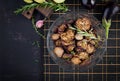 Italian sun-dried eggplant on a dark table. Preserved food.