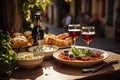 Italian table full in traditional Trattoria., generative IA