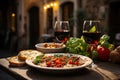 Italian table full in traditional Trattoria., generative IA