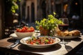 Italian table full in traditional Trattoria., generative IA