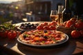 Italian table full under centenary olive groves in lively square., generative IA