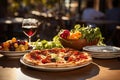 Italian table full under centenary olive groves in lively square., generative IA