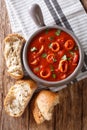 Italian thick tomato soup with squids close-up, served with bread. vertical top view