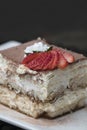 Italian Tiramisu made with chocolate and layers of cake and cream, topped with strawberries Royalty Free Stock Photo