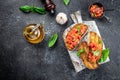 Italian tomato bruschetta with basil, garlic and olive oil on grilled or toasted crusty ciabatta bread, banner, menu Royalty Free Stock Photo