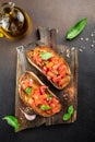Italian tomato bruschetta with basil, garlic and olive oil on grilled or toasted crusty ciabatta bread on a dark Royalty Free Stock Photo