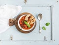 Italian tomato, garlic and basil soup Pappa al Pomodoro in metal bowl with bread on rustic wooden board over light blue Royalty Free Stock Photo