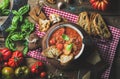 Italian tomato and garlic soup with basil, bread, Parmesan cheese Royalty Free Stock Photo