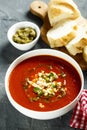 Tomato soup with cheese and pesto sauce Royalty Free Stock Photo