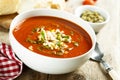 Tomato soup with cheese and pesto sauce Royalty Free Stock Photo