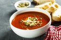 Tomato soup with cheese and pesto sauce Royalty Free Stock Photo