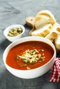 Tomato soup with cheese and pesto sauce Royalty Free Stock Photo