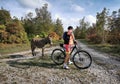 Italian tourist on bike interacting with donkey